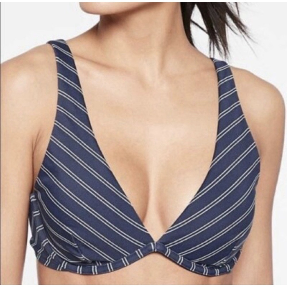 Athleta Women's Swimwear Bikini Set Piha Plunge Navy Blue/White 34 D/DD Small